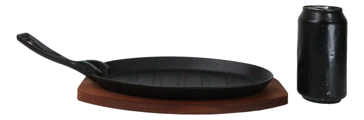 Personal Size Cast Iron Oval Fajita Steak Pan Skillet With Wood Trivet Base