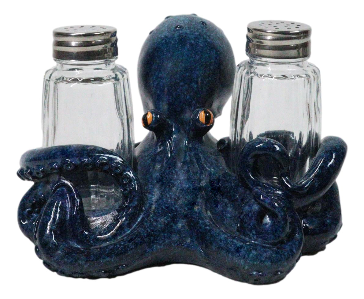 Blue Spotted Nautical Marine Cephalopod Octopus Salt Pepper Shakers Holder Set