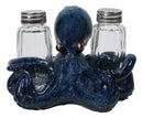 Blue Spotted Nautical Marine Cephalopod Octopus Salt Pepper Shakers Holder Set