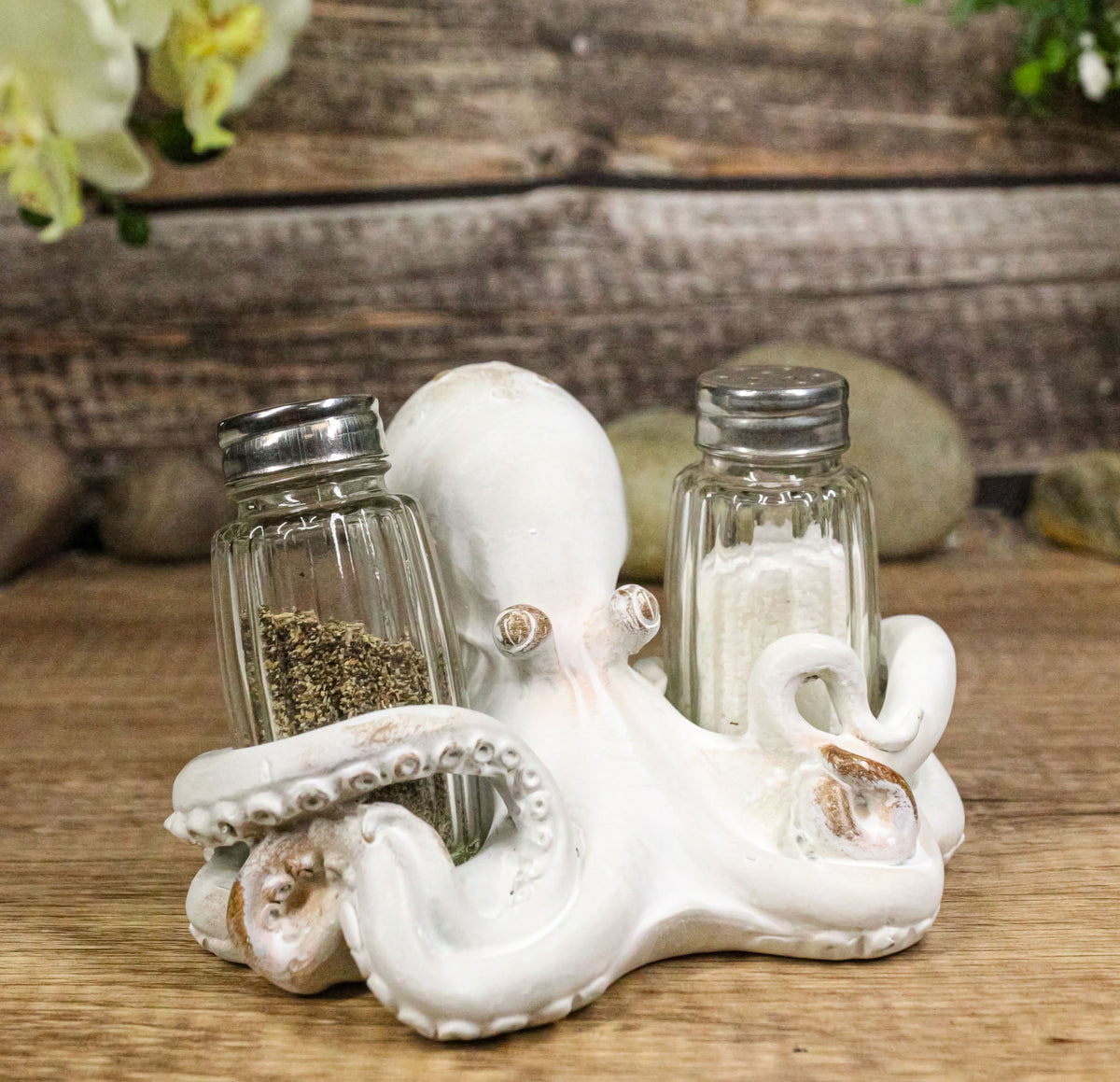 Antique White Nautical Marine Cephalopod Octopus Salt Pepper Shakers Holder Set