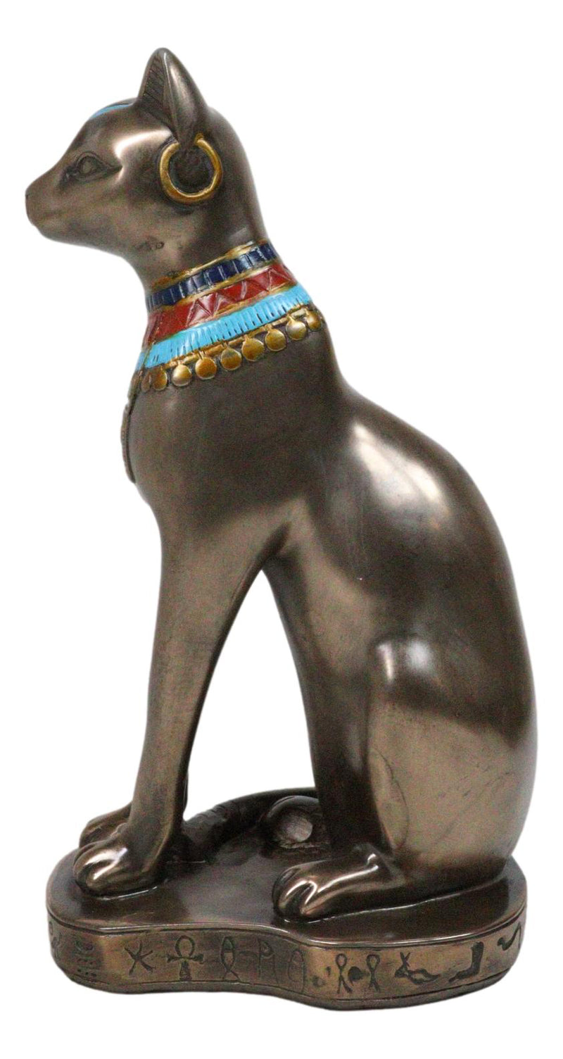 Egyptian Goddess Faux Bronze Bastet Cat Sitting in Royal Pose Figurine