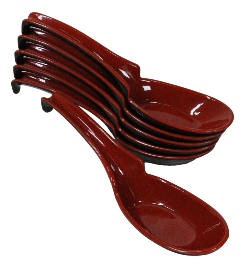 Sleek Red Black Melamine Asian Soup Spoons With Ladle Hook & Notch Set Of 6