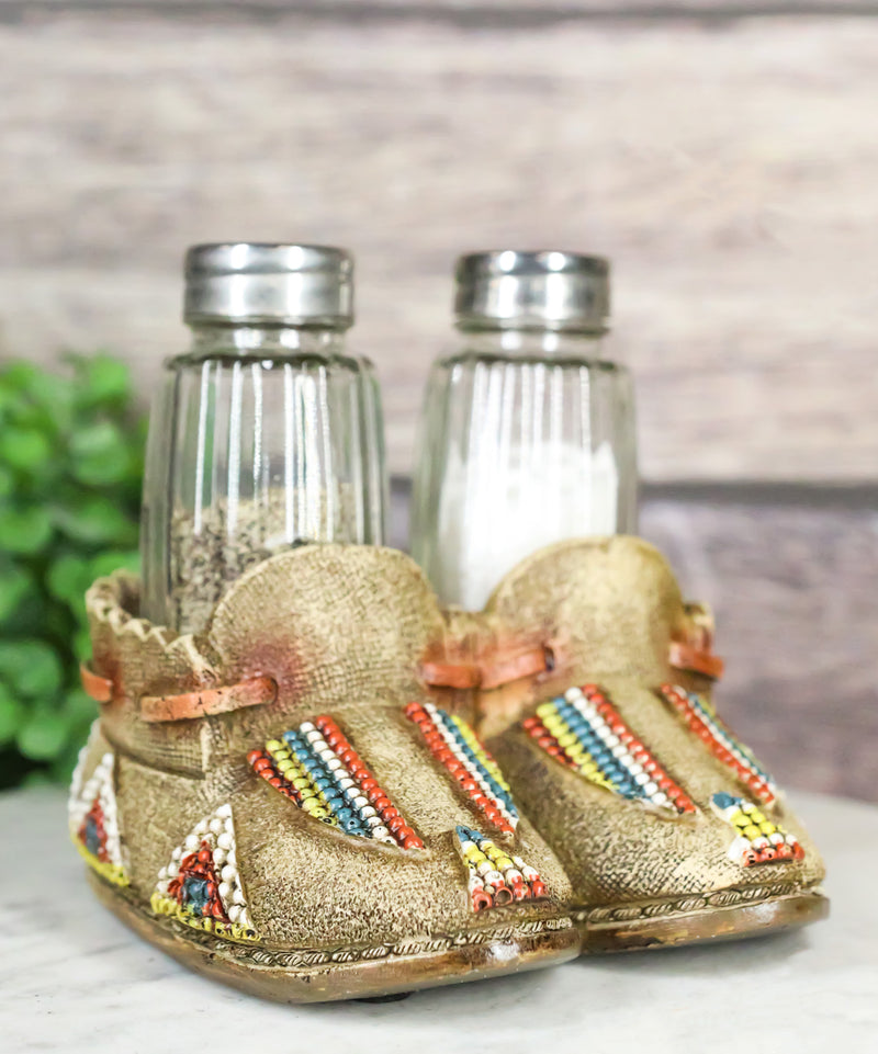 Rustic Tribal Native Indian Moccasin Shoe Shaped Salt And Pepper Shakers Holder