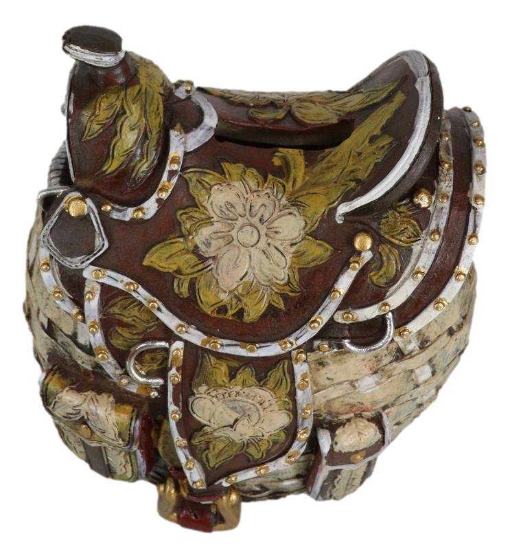 Rustic Western Brown Cowboy Horse Saddle Floral Wicker Design Coin Piggy Bank
