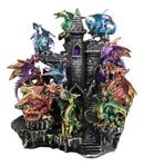 Medieval Colorful 12 Mini Dragons On Mountain Stonewall Castle Display Stand Set