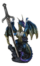 Blue Metallic Ice Knight Dragon With Orb and Gothic Sword Letter Opener Figurine