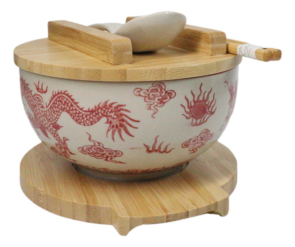 Red Ryu Dragon Design Donburi Ramen Bowl With Lid Trivet Spoon Chopsticks Set