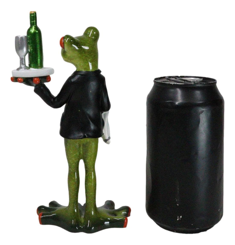 Green Toad Frog Silver Service Butler With Wine Glass And Bottle Figurine 7"H