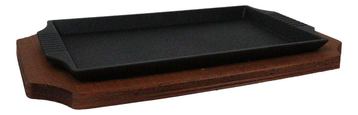 Personal Size Cast Iron Rectangular Fajita Steak Pan Skillet With Wood Trivet - Ebros Gift
