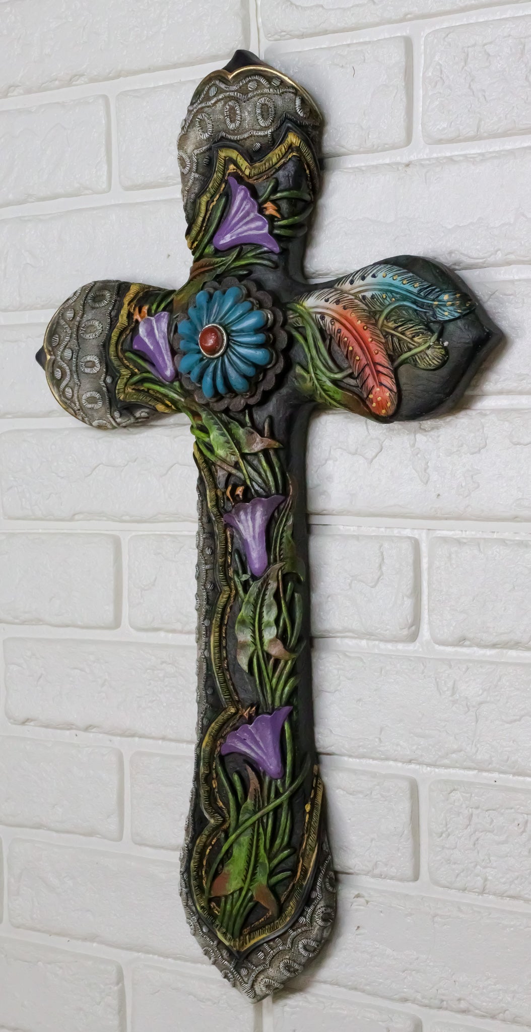 Colorful Floral Blooms And Vines With Southwestern Feathers Wall Cross Plaque