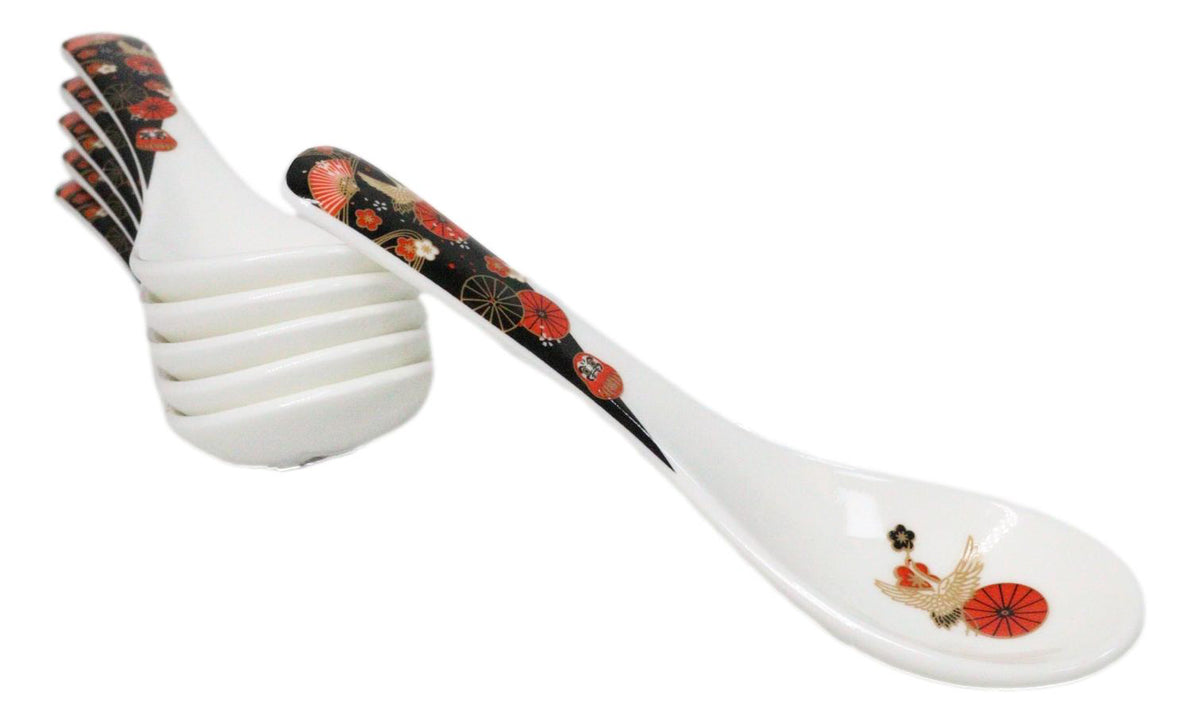 Set of 6 Japanese Crane Porcelain Asian Soup Spoons Japanese Ramen Pho Wonton