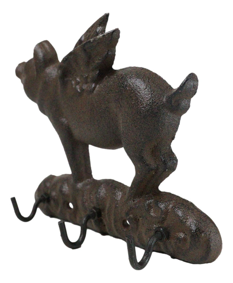 Cast Iron Whimsical Flying Pig Angel 3-Peg Wall Hook Decorative Sculpture