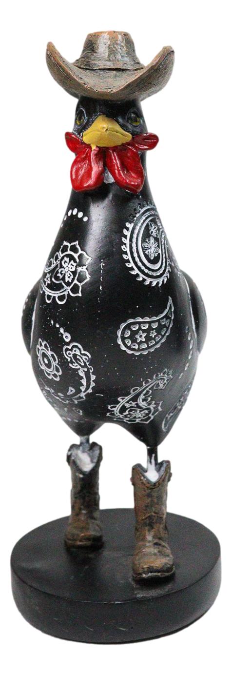 Black Western Country Cowboy Chicken Rooster Wearing Hat And Boots Figurine 8"H