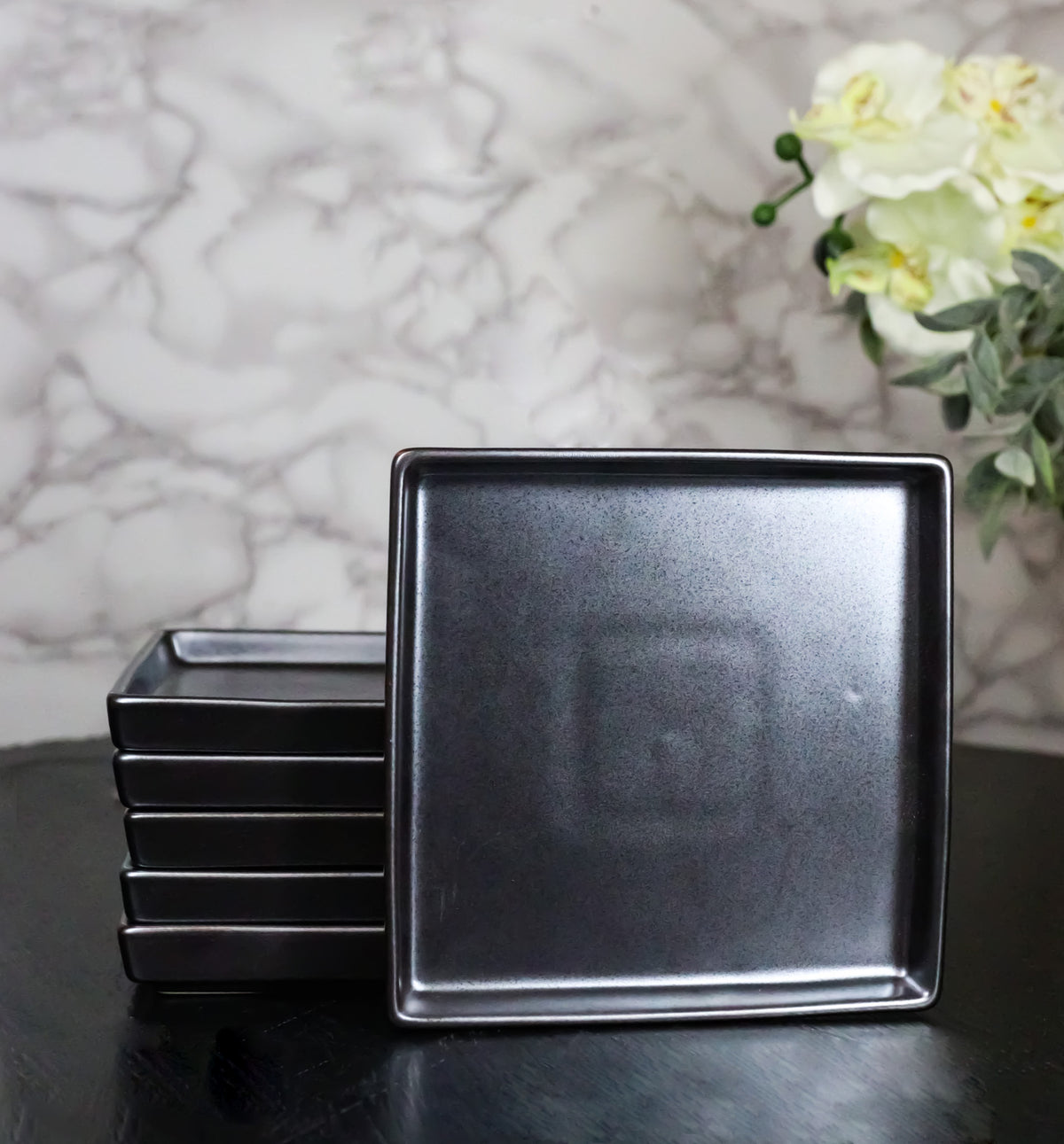 Pack Of 6 Iron Black Tetsu Kesho Ceramic Square Appetizer Salad Plates 6.25" L