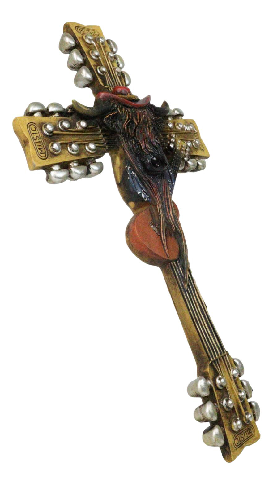Western Rock And Roll Music Guitars With Cowboy Highland Cow Wall Cross Plaque