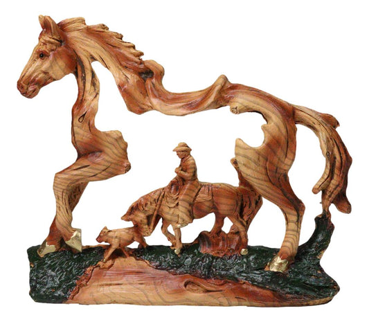 Rustic Western Running Horse Faux Wood Sculpture with Cowboy Riding Bronco