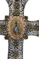 Catholic Lady Of Guadalupe Mary With Turquoise Gems Hammered Pattern Wall Cross