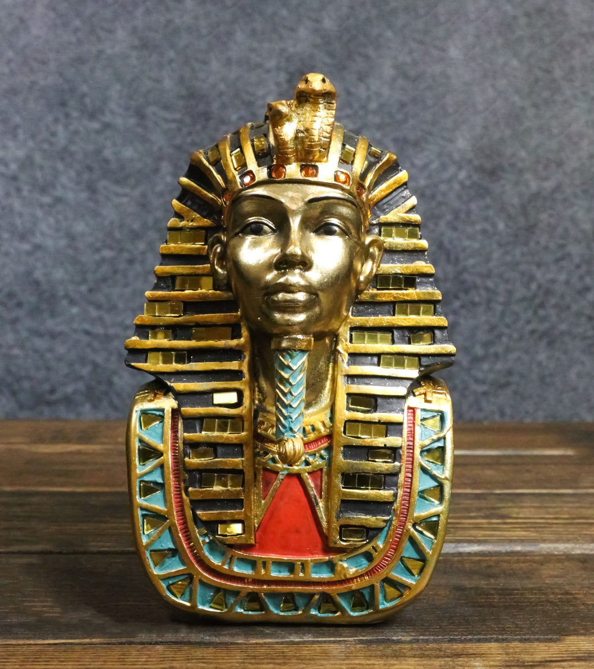 Ancient Egyptian Golden Cobra and Vulture Nemes Mask of Pharaoh Sculpture 6.5"H