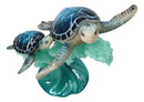 Marine Blue Shelled Sea Turtle Mother and Hatchling Swimming With Waves Figurine