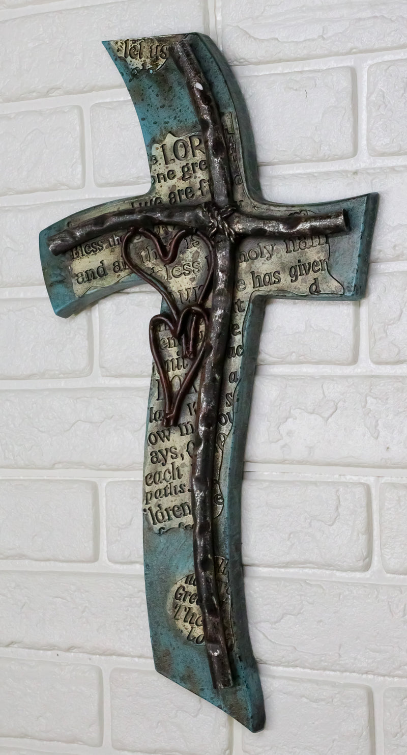 Inspirational Turquoise Double Heart Layered Artistic Fluid Curved Wall Cross