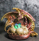 Red Gold Fire Mother Dragon Guarding Eggs And Baby Hatchling With LED Figurine