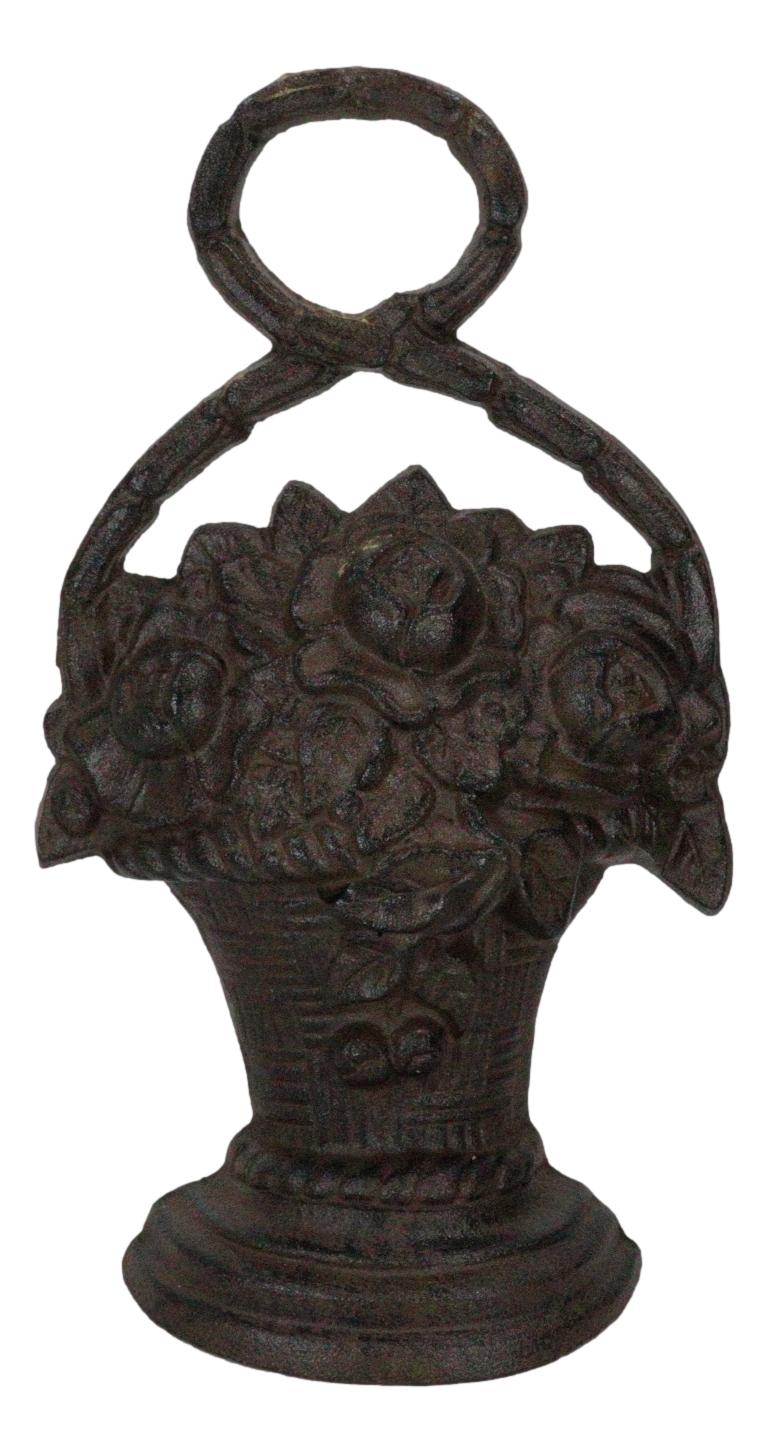 Rustic Cast Iron Flowers In Basket Vase Decorative Door Stopper Or Wall Decor