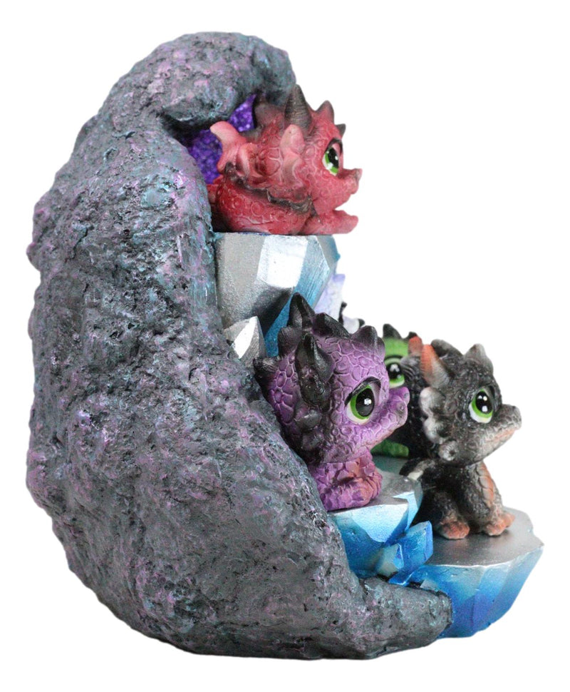 Whimsical Baby Dragons Mini Figurines With LED Faux Geode Crystal Display Set