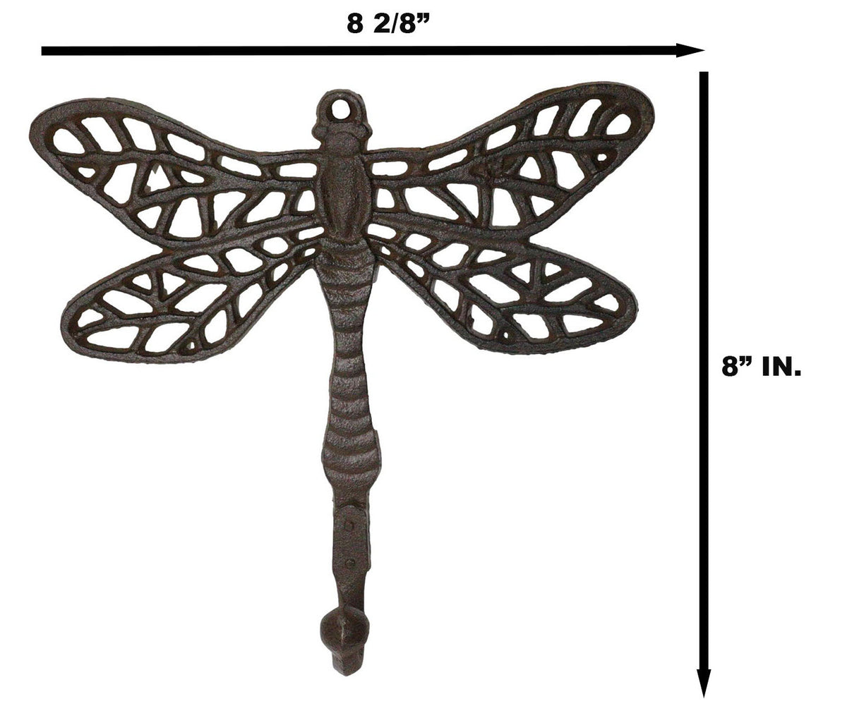 Set Of 2 Rustic Cast Iron Dragonfly with Scrollwork Filigree Wings Wall Hooks - Ebros Gift