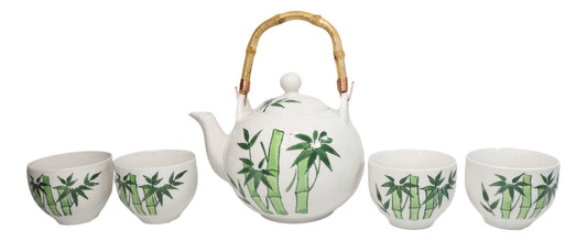 Green Bamboo Forest Porcelain 30oz Teapot With Bamboo Handle And 4 Tea Cups Set