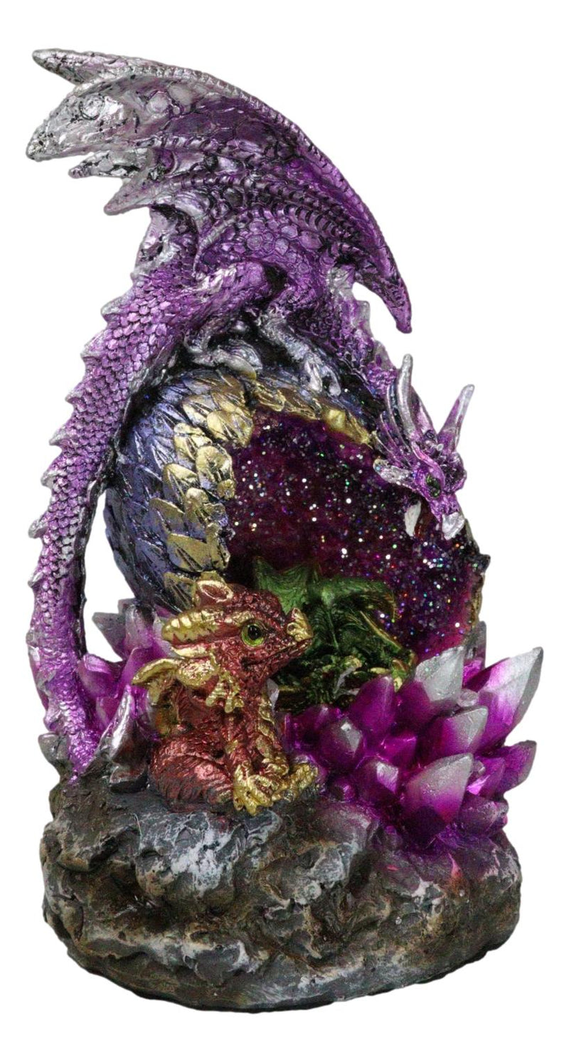 Purple Mother Dragon Guarding LED Faux Crystals Egg With Hatchlings Figurine