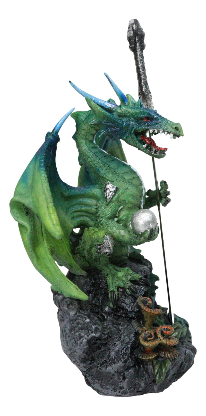 Green Dragon Holding Silver Orb And Draconian Sword Letter Opener Figurine
