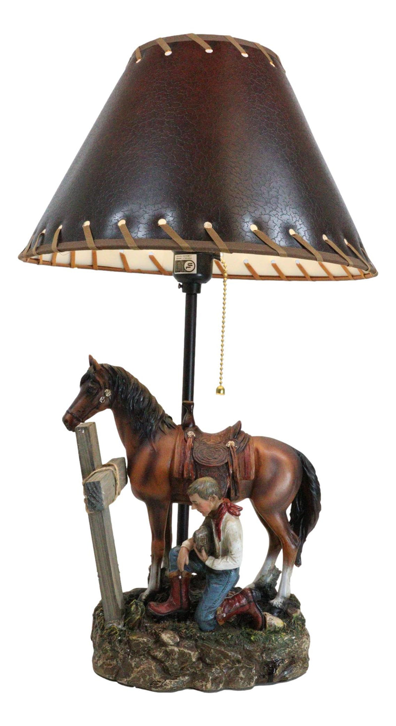 Rustic Western Chestnut Horse Cowboy On Knee Praying By Cross Desktop Table Lamp