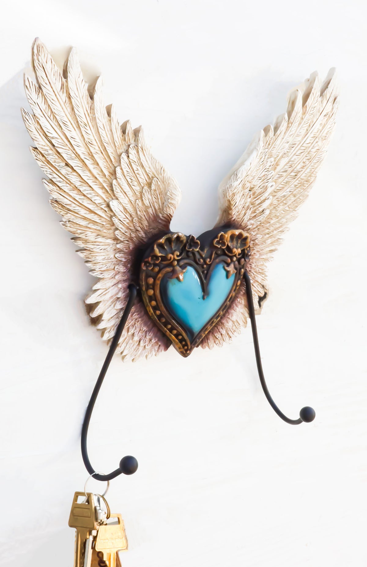 Rustic Western Turquoise Heart Le Fleur Angel Wings Wall Double Hooks Sculpture - Ebros Gift