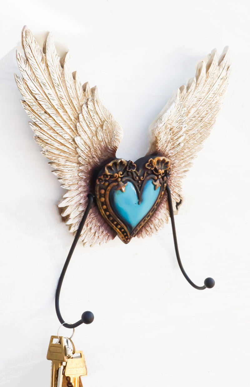 Rustic Western Turquoise Heart Le Fleur Angel Wings Wall Double Hooks Sculpture