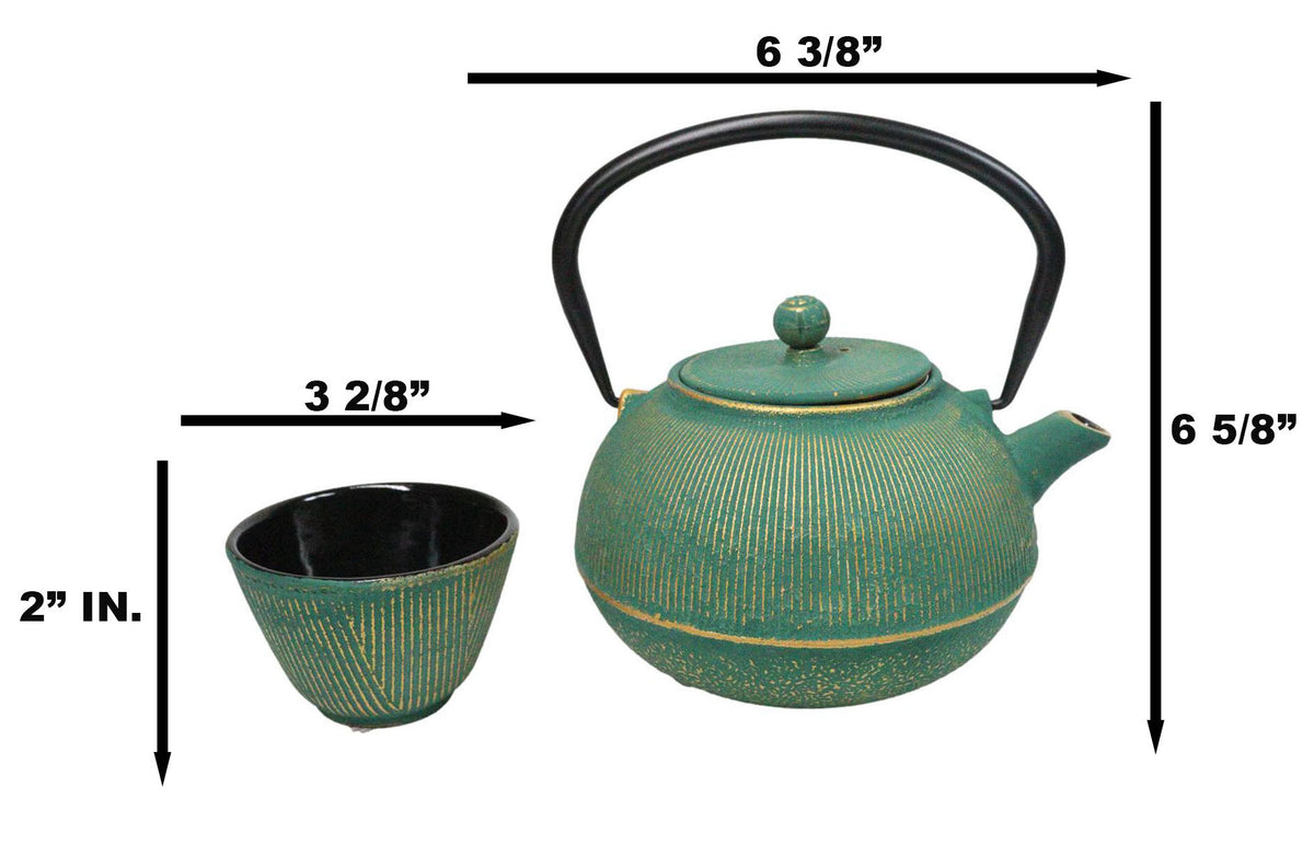 Green Tokusa Gold Streaks Tetsubin 27oz Cast Iron Tea Pot With 4 Cups Set