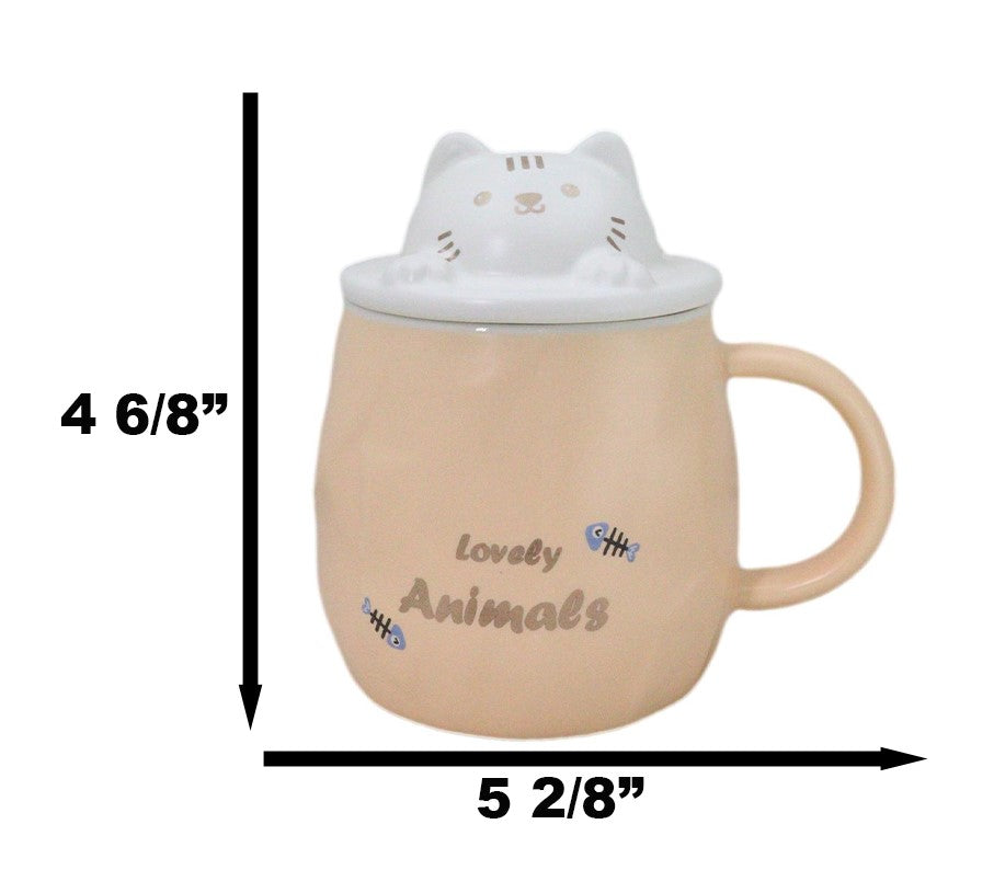 Whimsical Orange Chubby Feline Kitty Cat Cup Mug With Lid And Stirring Spoon