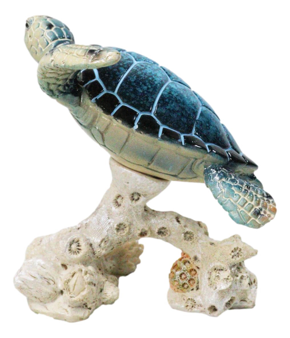 Ebros Sea Turtle Blue Shell Swimming Over Coral Reef Resin Figurine 4.25"H