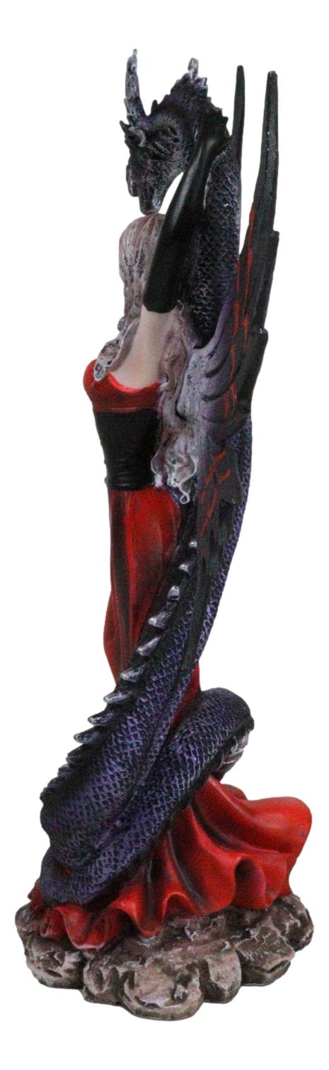 Fantasy Red Gowned Gothic Rose Fairy With Black Grendel Volcano Dragon Figurine