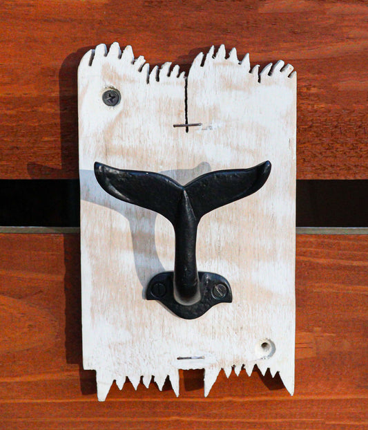 Cast Iron Nautical Sea Blue Whale Tail Wall Hook On Distressed Board Plank 7"H