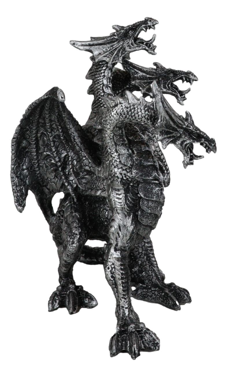 Gothic Silver Three Headed Dragon Hydra Roaring Statue 8" Tall Figurine Decor