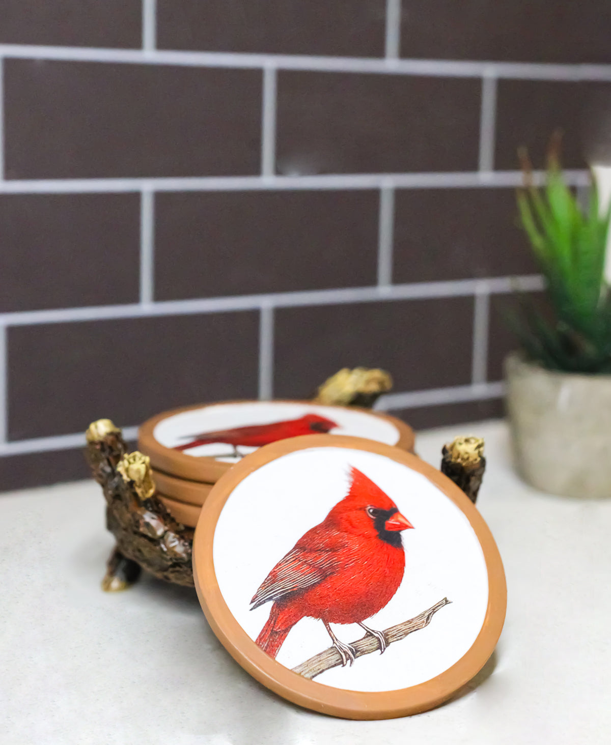 Printed Cardinal Coaster Set With Nest Holder Red Bird Decorative Drink Coasters