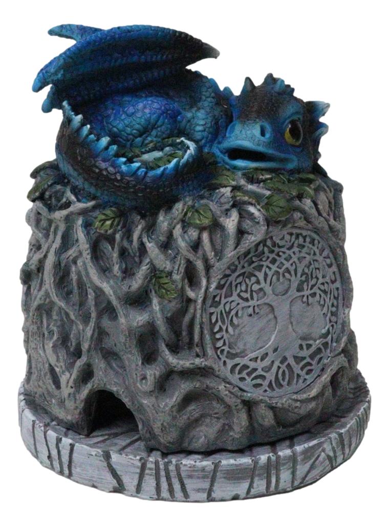 Blue Wyrmling Dragon Sleeping On Tree Of Life Stump Cone Incense Burner Figurine