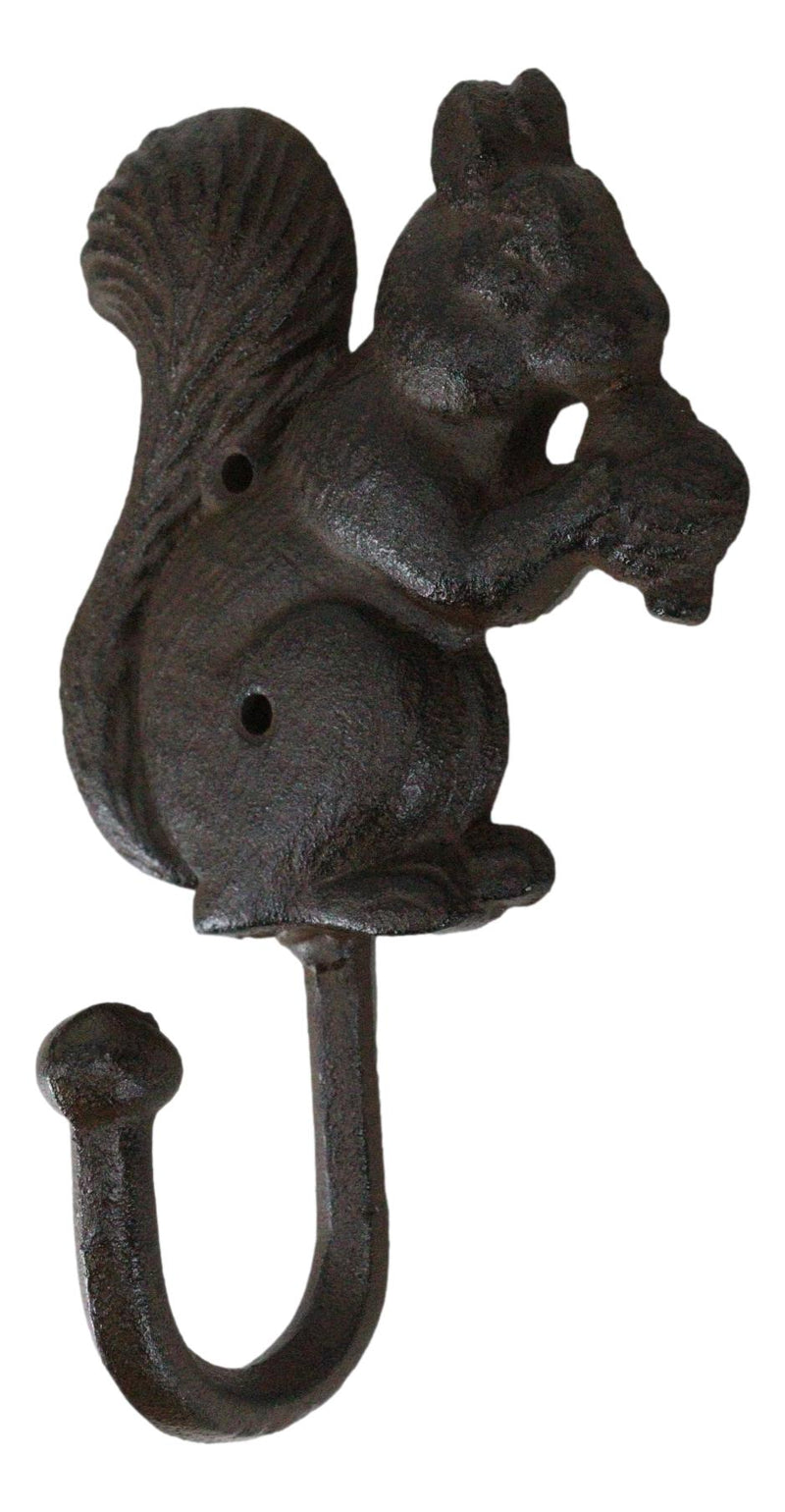 Rustic Western Cast Iron Tree Squirrel With Acorns Wall Coat Hooks Sculpture
