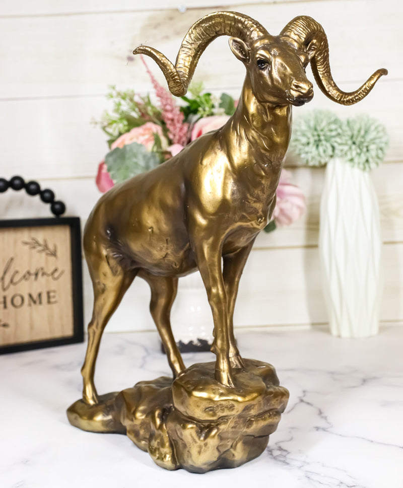 Large Country Wildlife Bighorn Sheep Ram Climbing On Rock Statue In Gold Patina