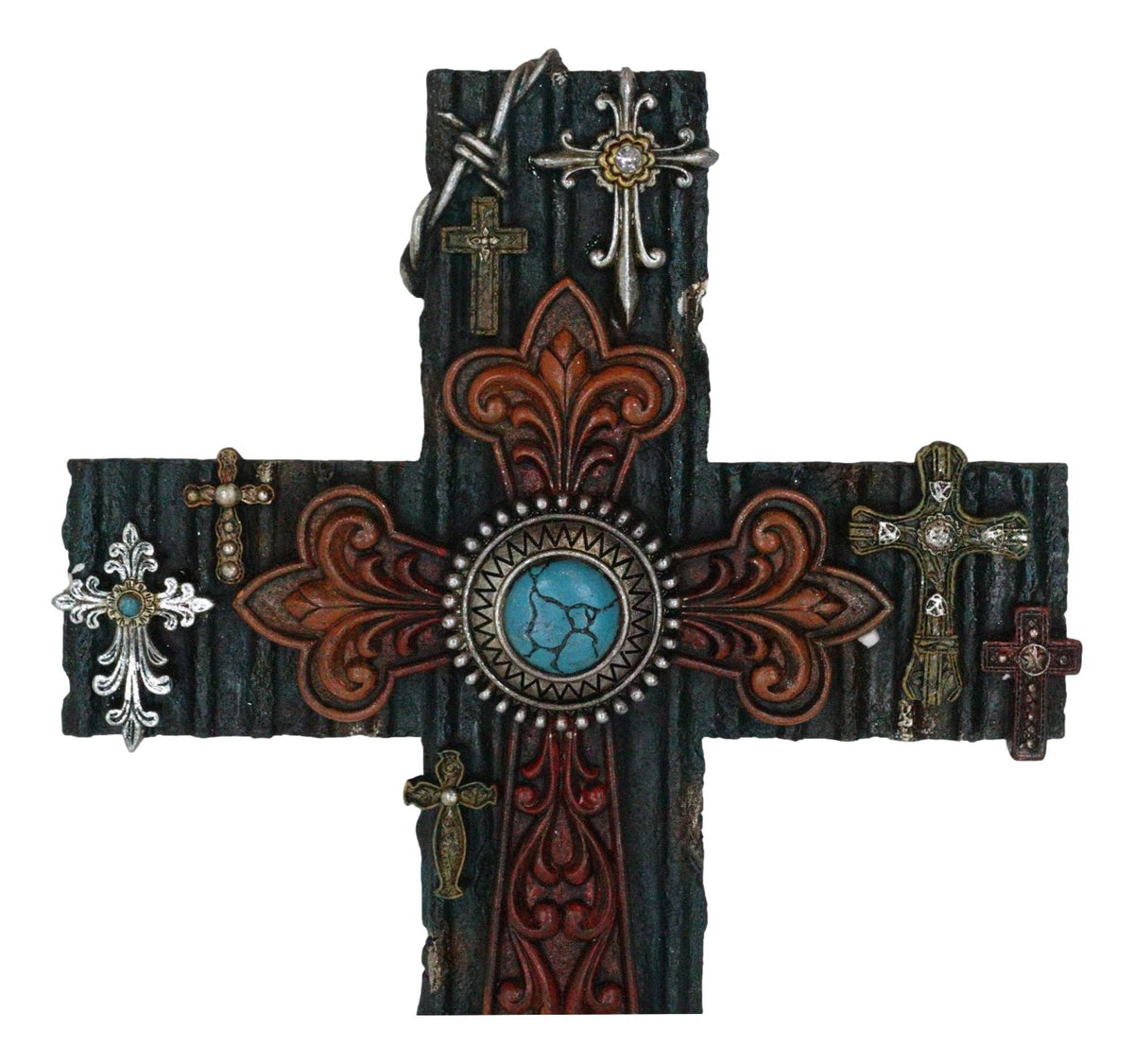Rustic Western Layered Crosses Fleur De Lis Cowboy Turquoise Tooled Wall Cross