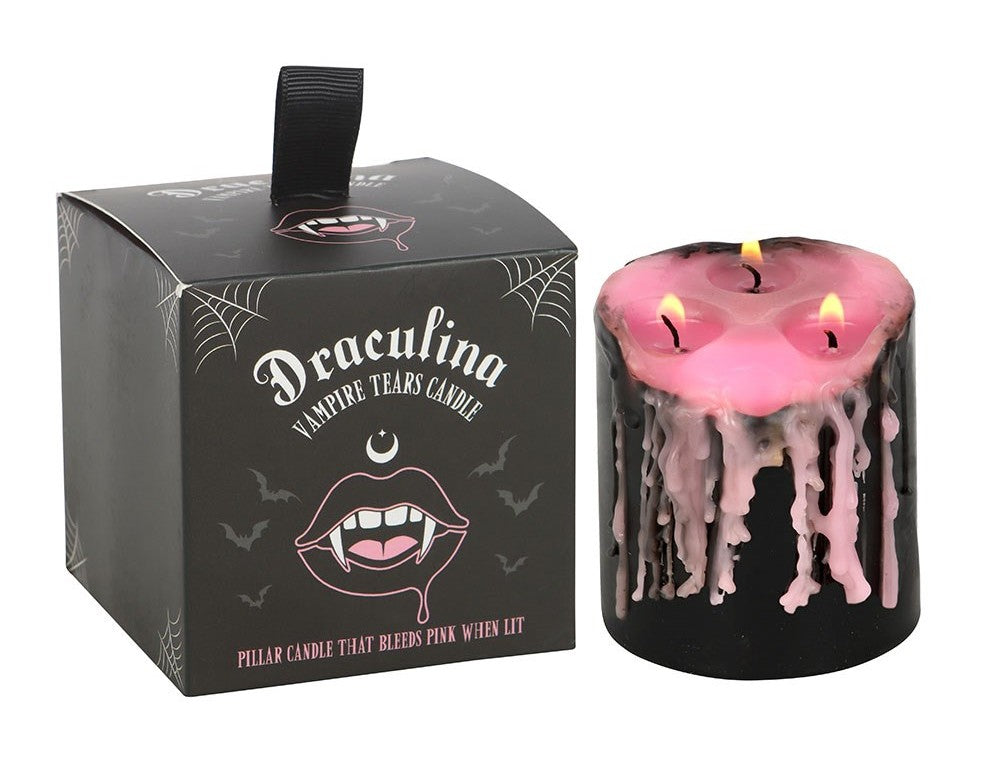 Set Of 2 Gothic Draculina Pink Vampire Tears Black Unscented Pillar Candles