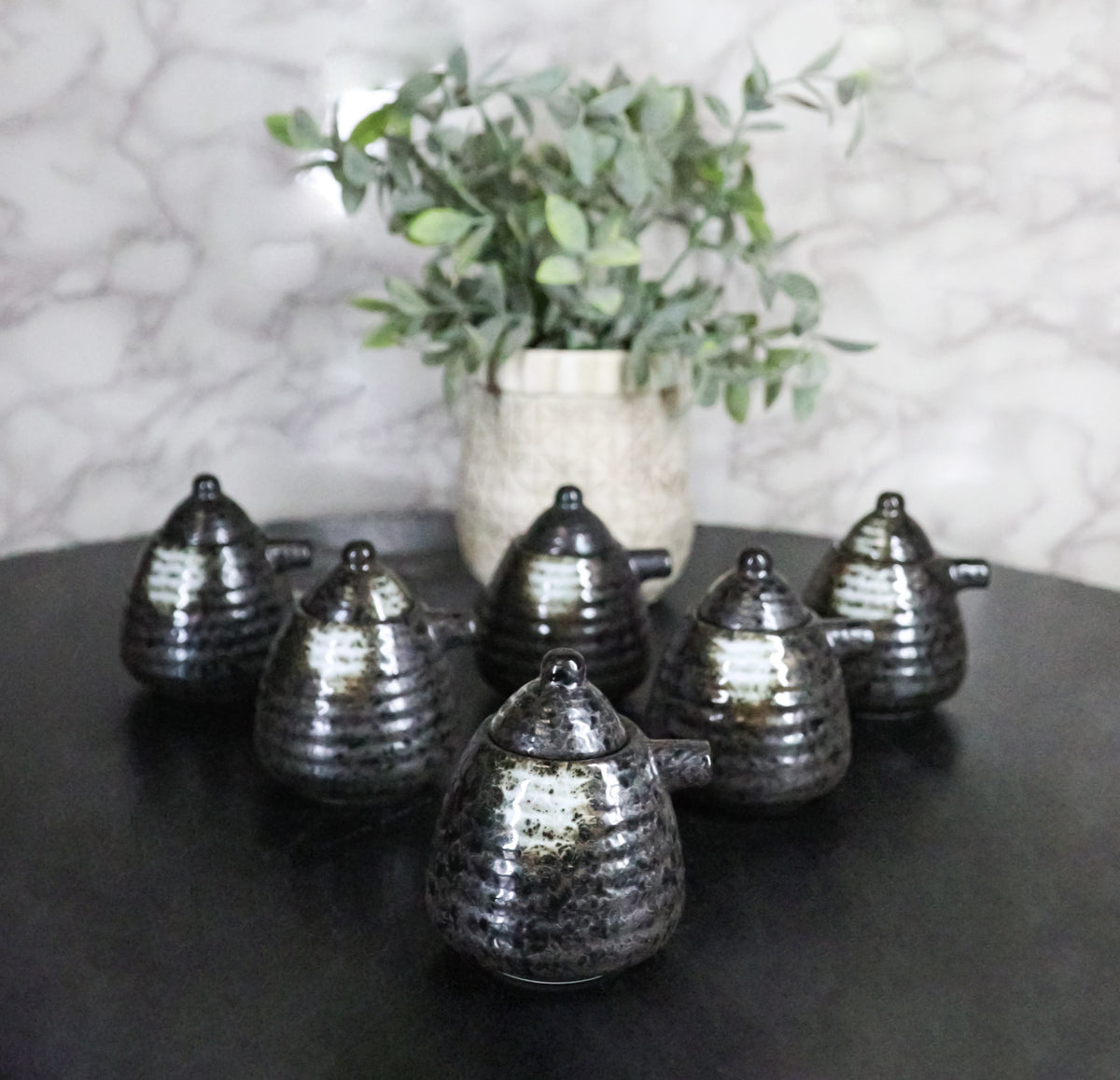 Set Of 6 Charcoal Grey Hakumu Tenmoku Porcelain Soy Sauce Shoyu Flask Dispensers