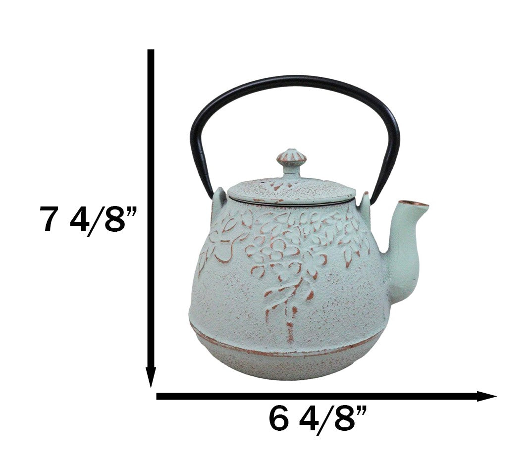 Rustic Mint Green Leaves Design Cast Iron Tetsubin Teapot With Enamel Liner 32oz