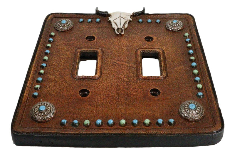 Set of 2 Western Cow Skull Turquoise Conchos Wall Double Toggle Switch Plates