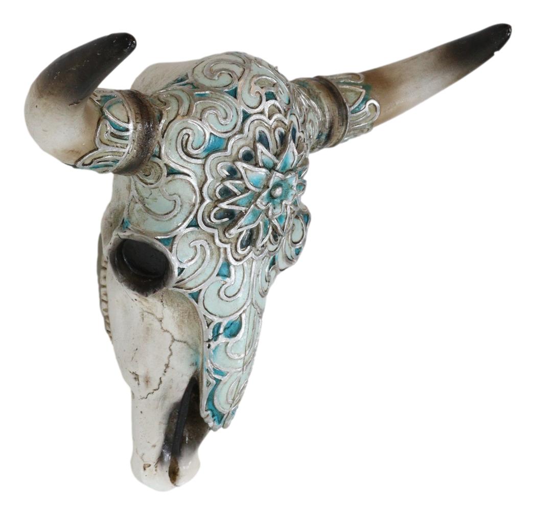 Western Turquoise Floral Horned Cow Skull Wall Decor Plaque